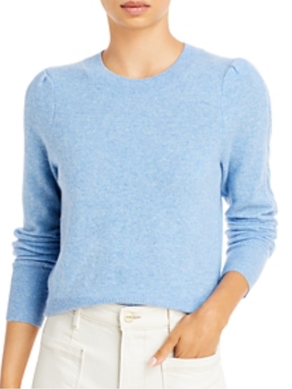 AQUA Cashmere Cable Puff Sleeve Cashmere
Sweater in Heather Blue. Women’s Medium